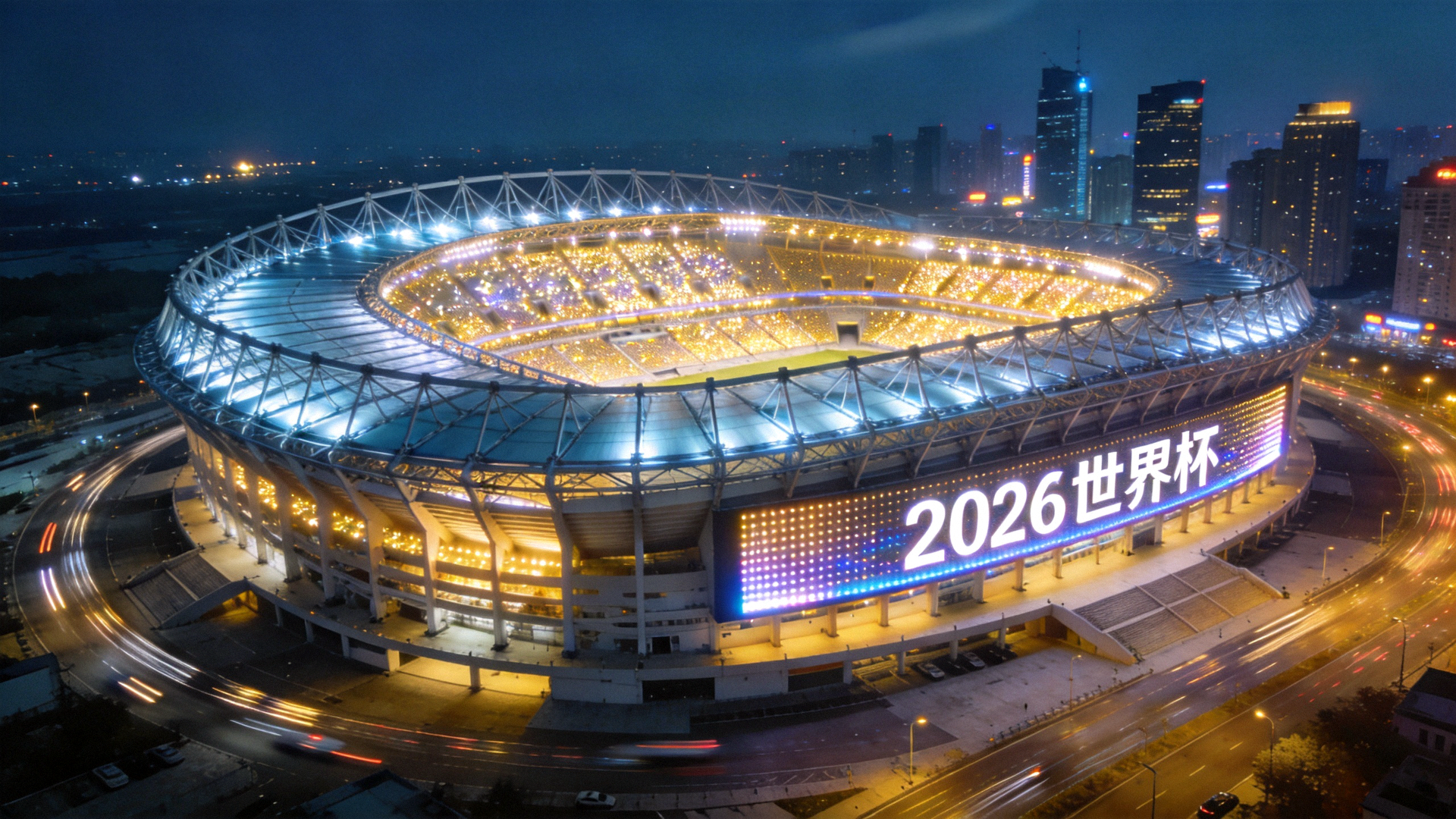 2026年世界杯足球赛主体育场宏伟夜景，灯光璀璨